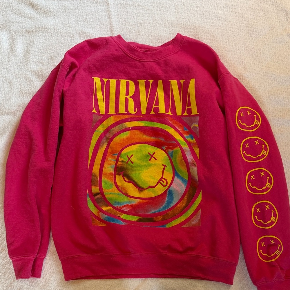 NIRVANA Hot Pink Tie-Dye Smiley Logo Sweatshirt